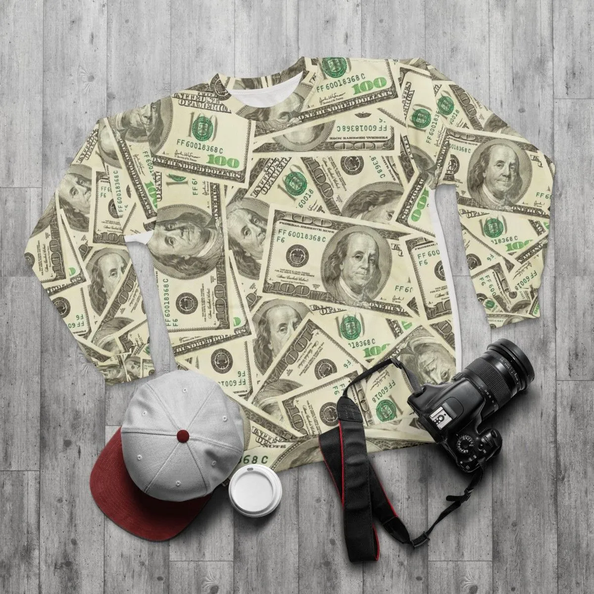 100 Dollar Bills Graphic Sweatshirt - Cool Money Themed Clothing