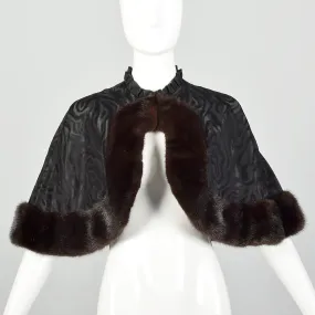 1960s Mink Trim Capelet Evening Fur Cape Black Formal Wrap