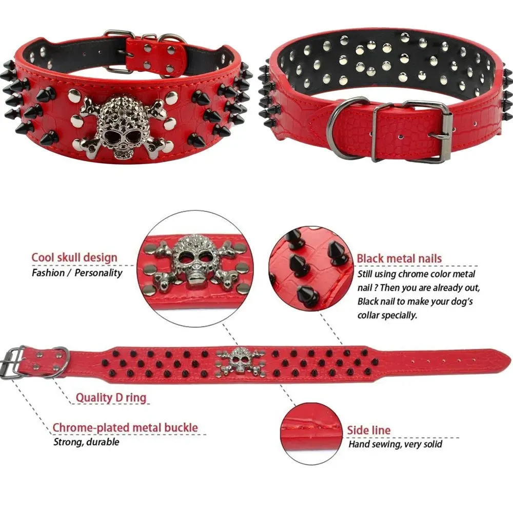 2 inch Wide Spiked Leather Dog Collar with Skull & Bullet Rivets