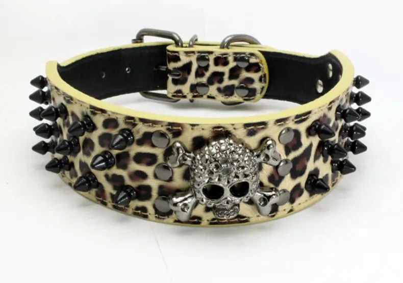 2 inch Wide Spiked Leather Dog Collar with Skull & Bullet Rivets