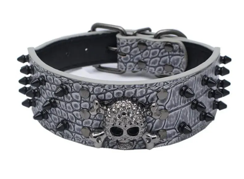 2 inch Wide Spiked Leather Dog Collar with Skull & Bullet Rivets