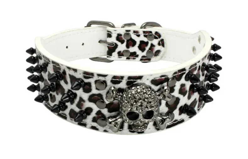 2 inch Wide Spiked Leather Dog Collar with Skull & Bullet Rivets