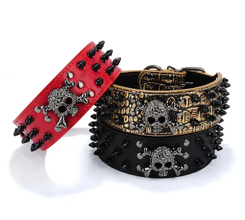 2 inch Wide Spiked Leather Dog Collar with Skull & Bullet Rivets