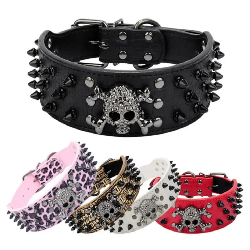 2 inch Wide Spiked Leather Dog Collar with Skull & Bullet Rivets