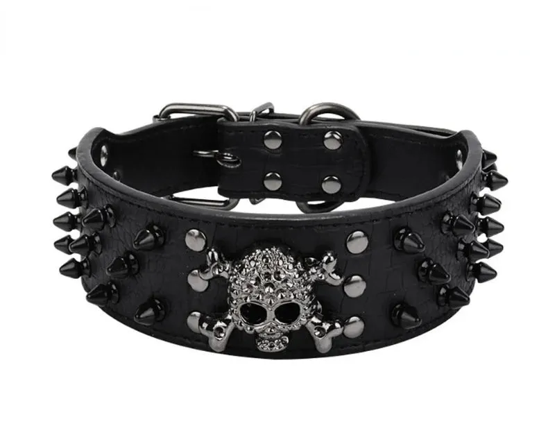 2 inch Wide Spiked Leather Dog Collar with Skull & Bullet Rivets