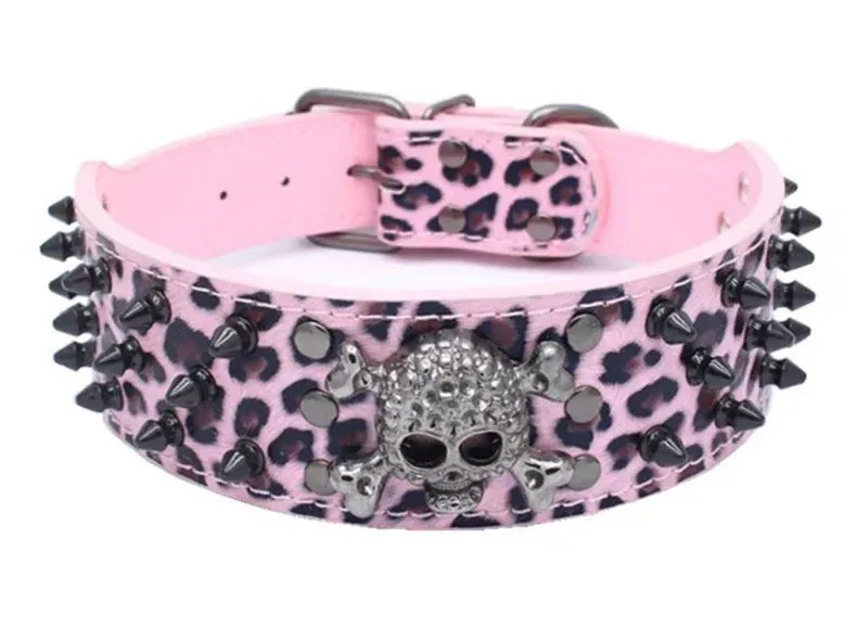 2 inch Wide Spiked Leather Dog Collar with Skull & Bullet Rivets