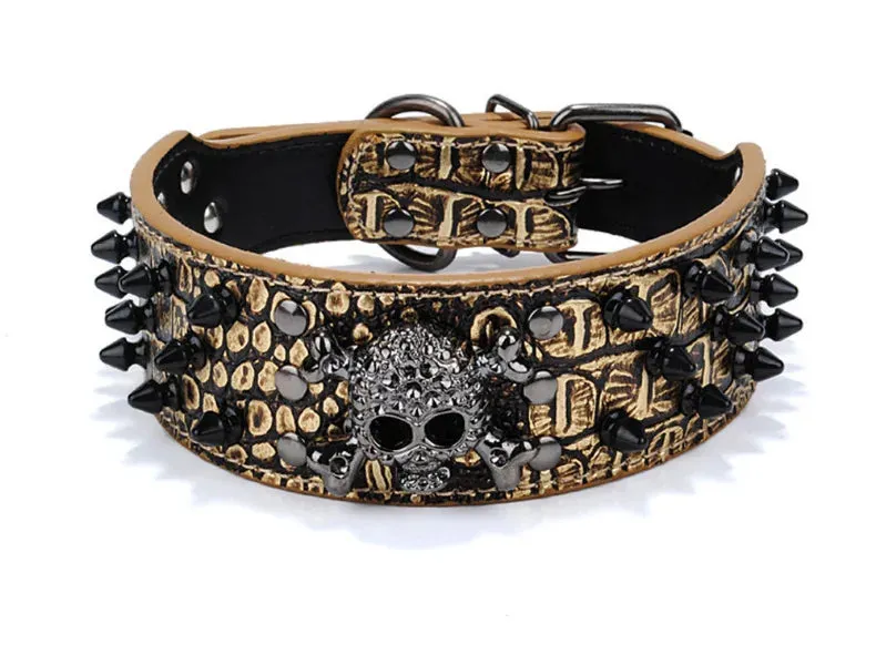 2 inch Wide Spiked Leather Dog Collar with Skull & Bullet Rivets