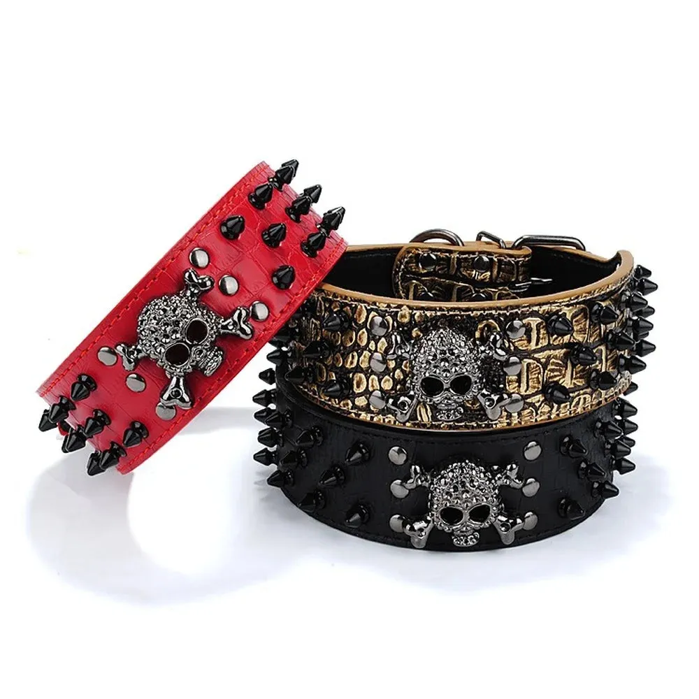 2 inch Wide Spiked Leather Dog Collar with Skull & Bullet Rivets