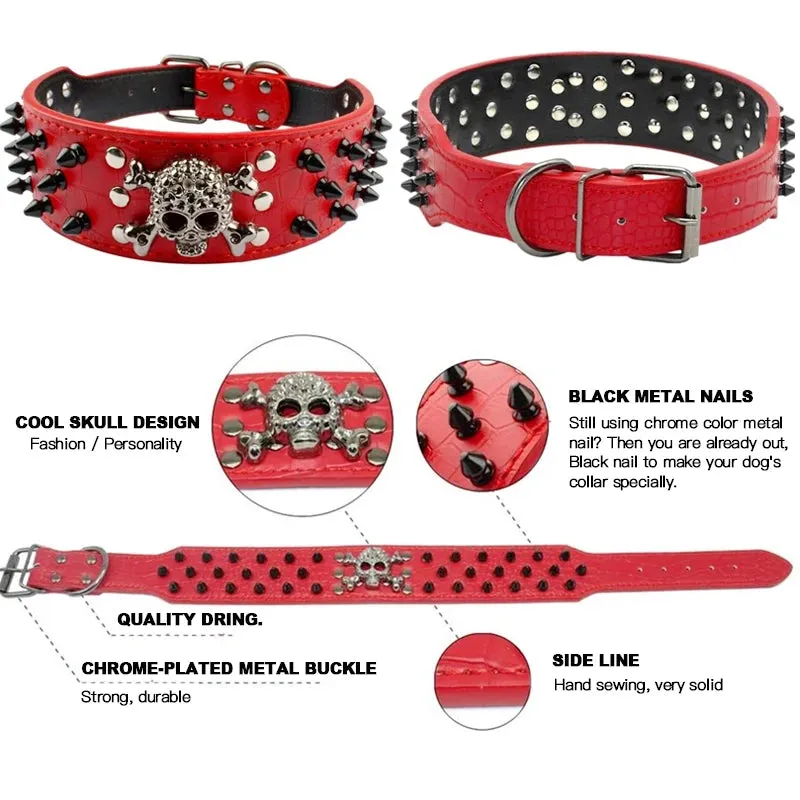 2 inch Wide Spiked Leather Dog Collar with Skull & Bullet Rivets