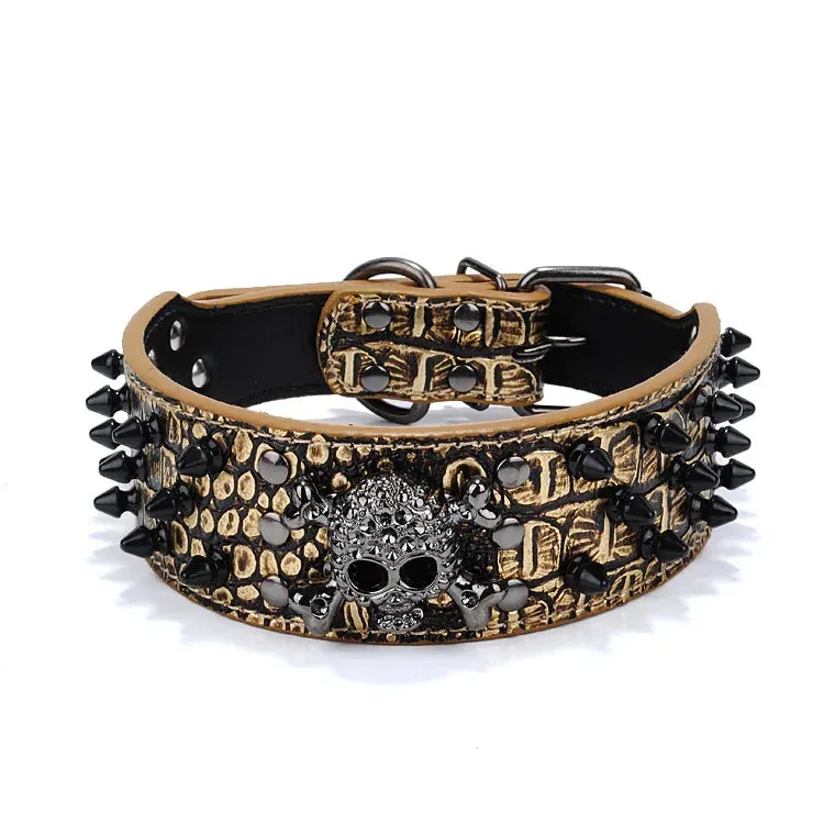 2 inch Wide Spiked Leather Dog Collar with Skull & Bullet Rivets