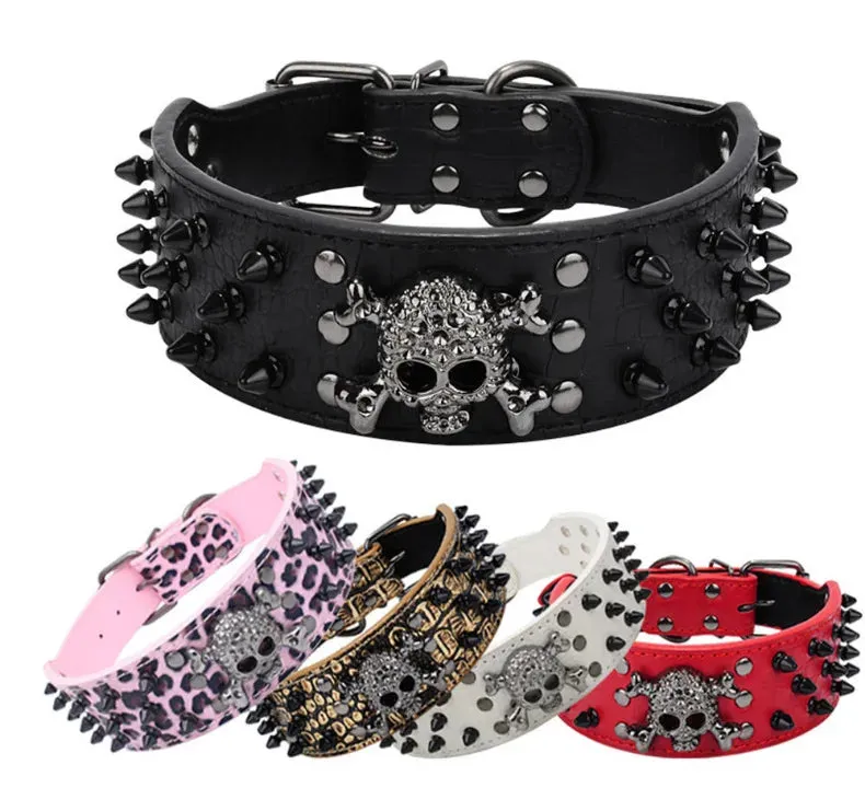 2 inch Wide Spiked Leather Dog Collar with Skull & Bullet Rivets