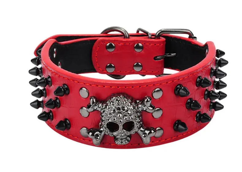 2 inch Wide Spiked Leather Dog Collar with Skull & Bullet Rivets