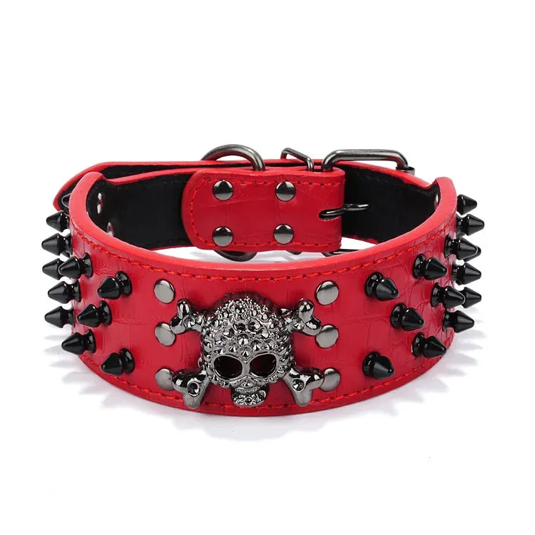 2 inch Wide Spiked Leather Dog Collar with Skull & Bullet Rivets