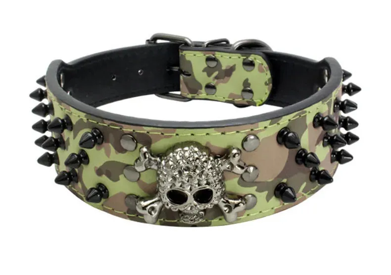 2 inch Wide Spiked Leather Dog Collar with Skull & Bullet Rivets