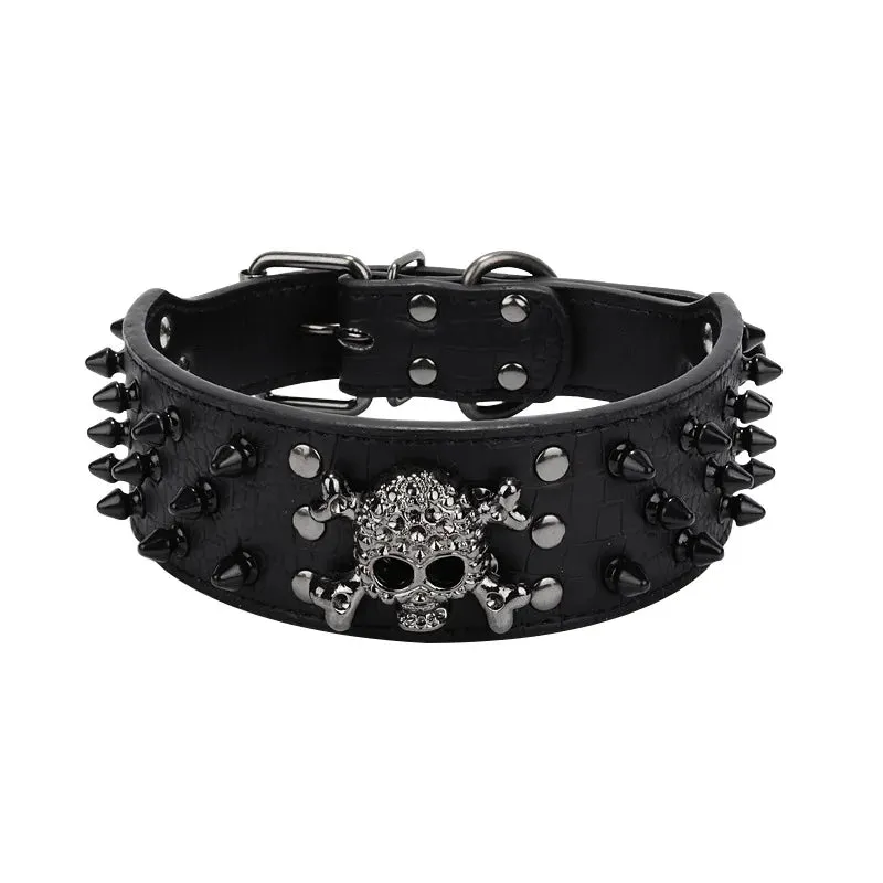 2 inch Wide Spiked Leather Dog Collar with Skull & Bullet Rivets