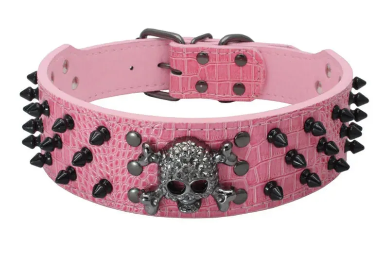 2 inch Wide Spiked Leather Dog Collar with Skull & Bullet Rivets