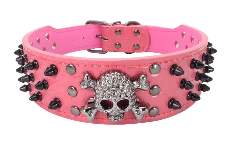 2 inch Wide Spiked Leather Dog Collar with Skull & Bullet Rivets