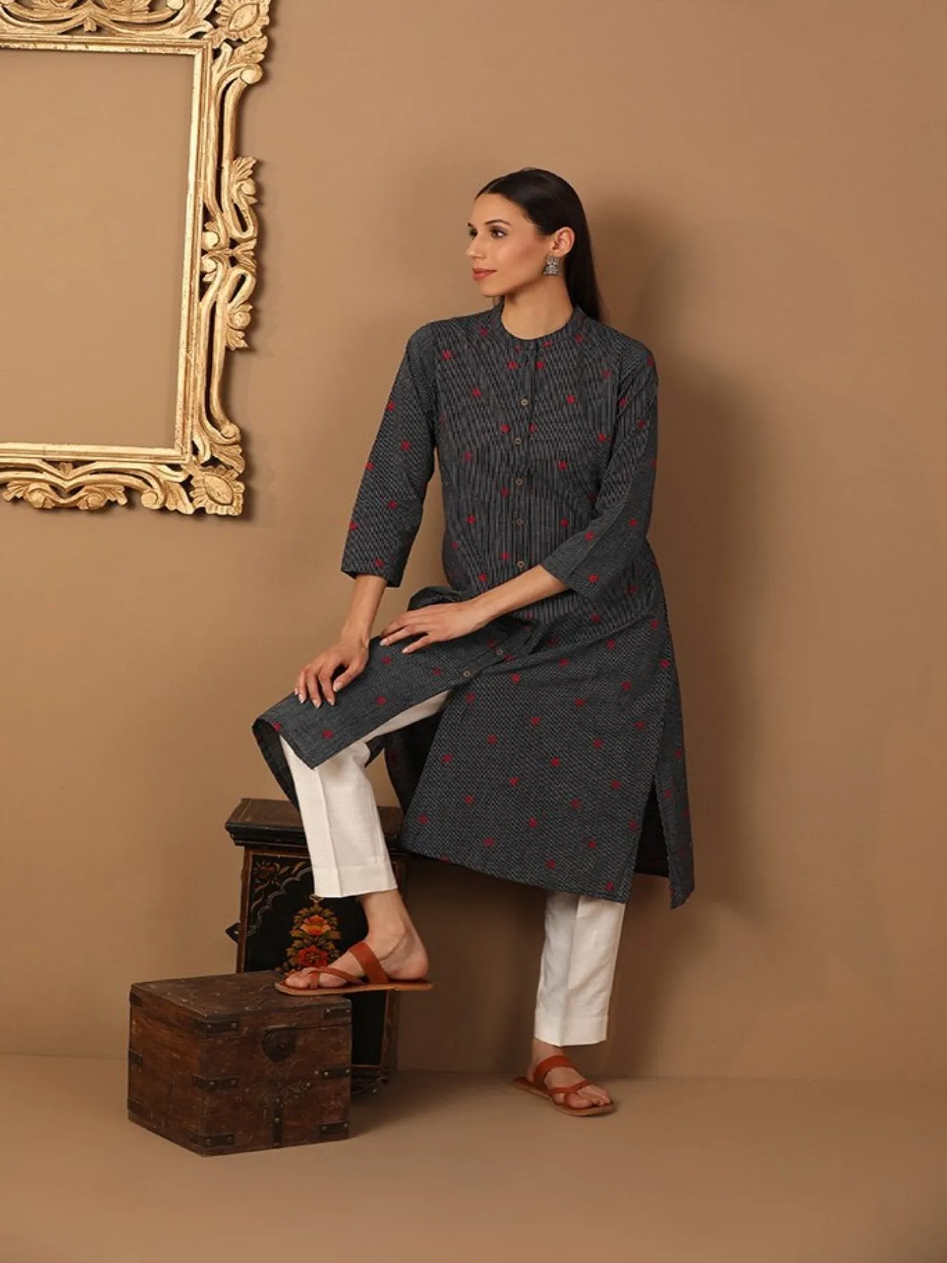 A-Line Striped Kurta With Mandarin Collar