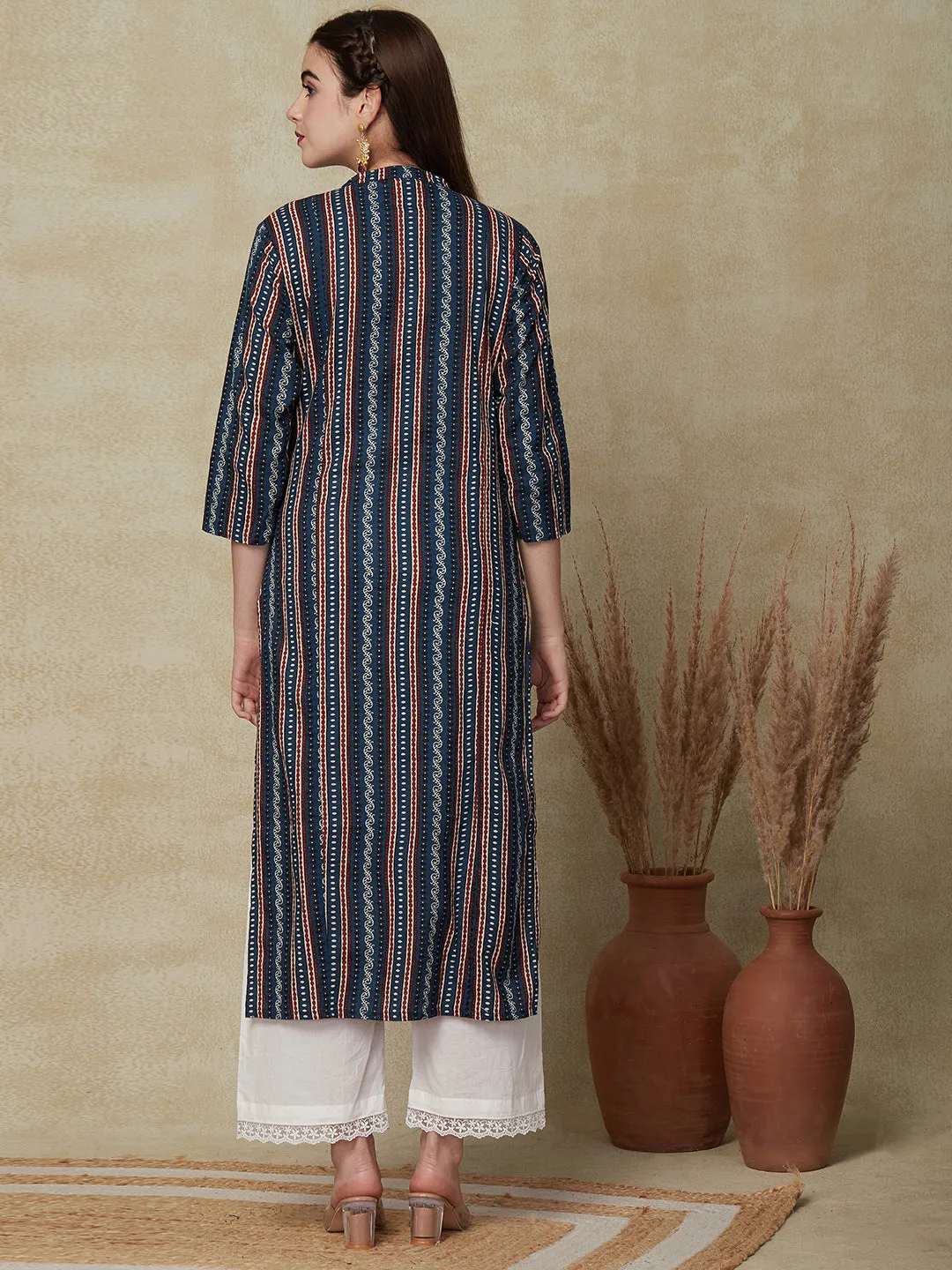 Abstract, Ethnic & Stripes Printed Wooden Buttoned Kurta - Blue