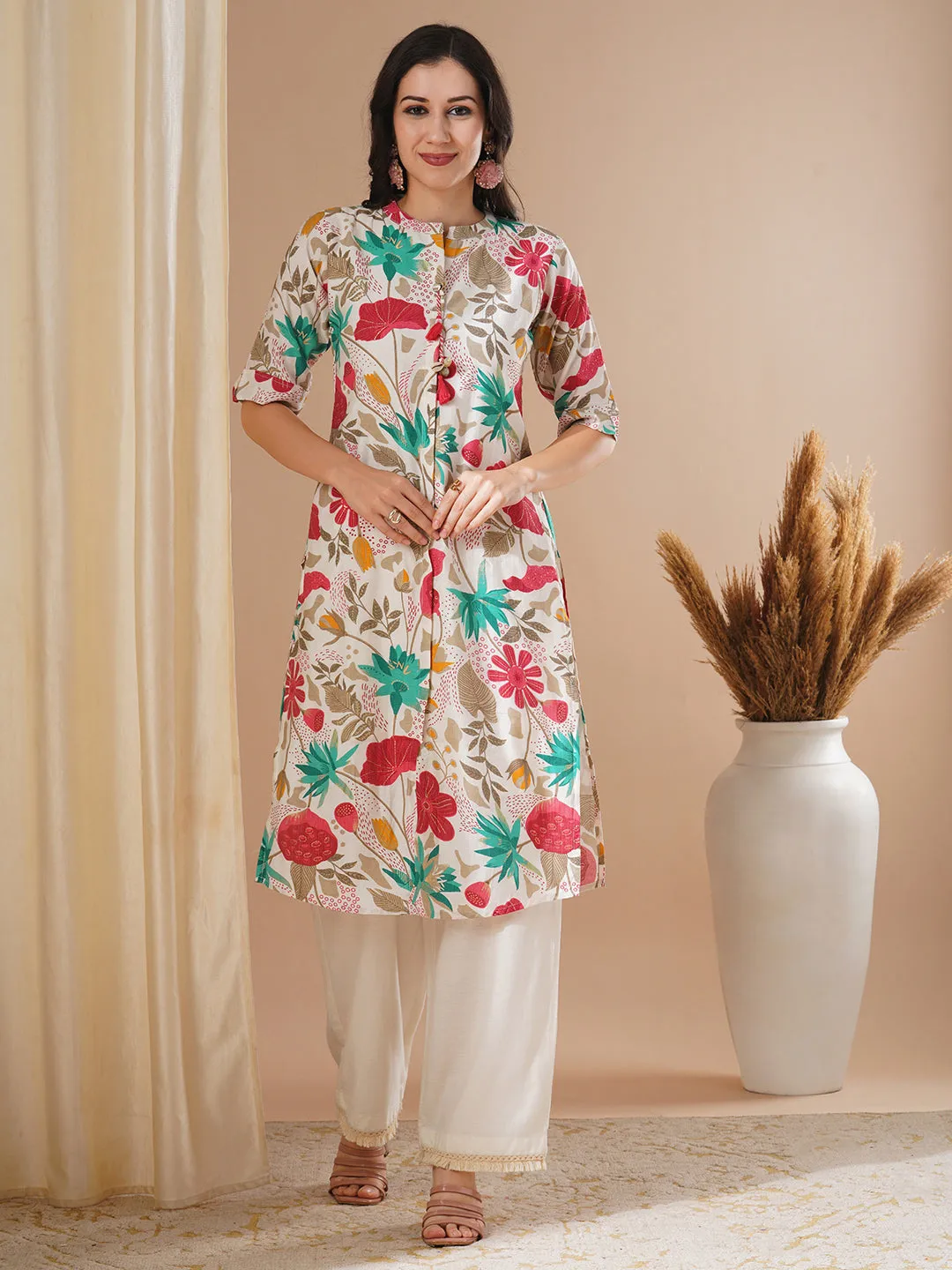 Abstract Floral Foil Printed Straight Fit Kurta - Off White