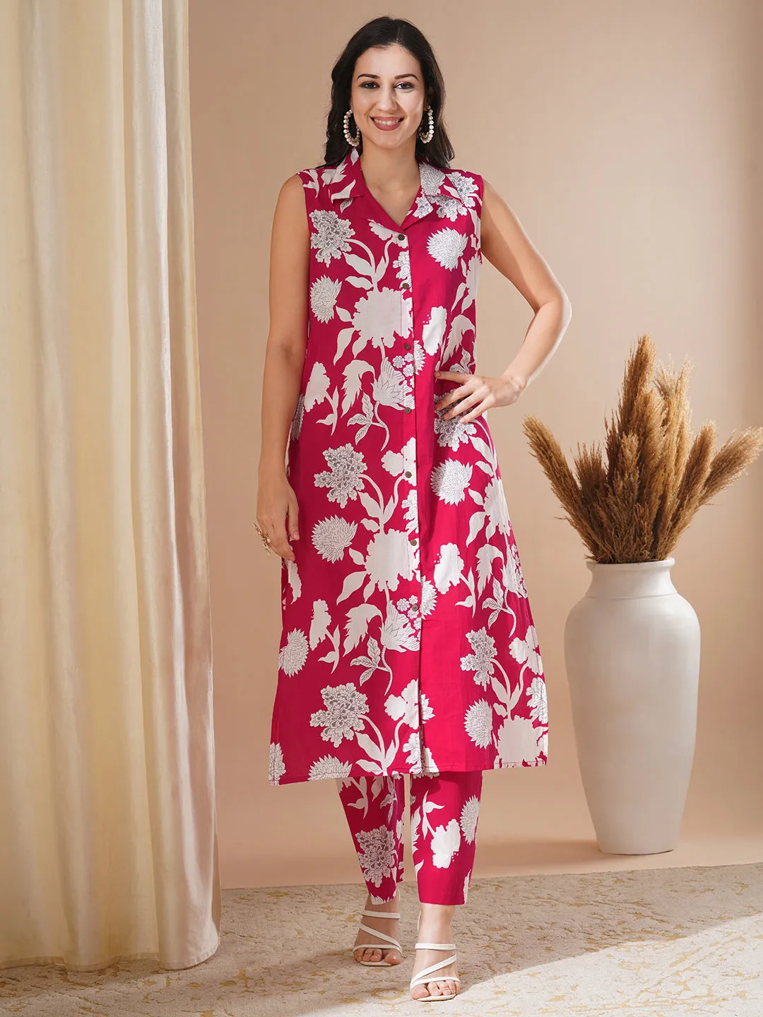 Abstract Floral Printed A-Line Co-ord Set - Pink