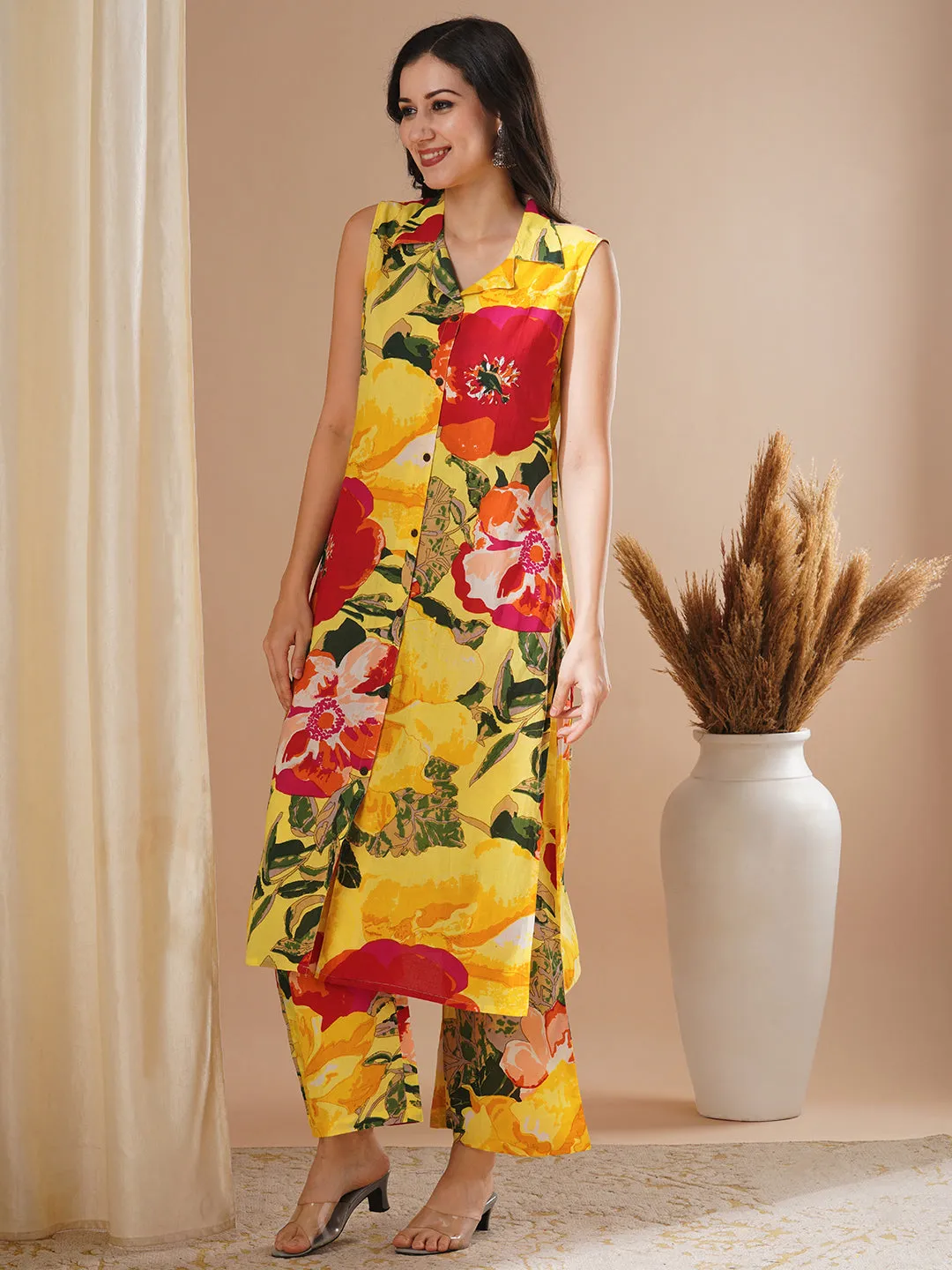 Abstract Floral Printed A-Line Co-ord Set - Yellow