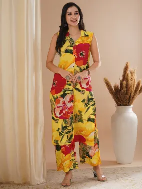 Abstract Floral Printed A-Line Co-ord Set - Yellow