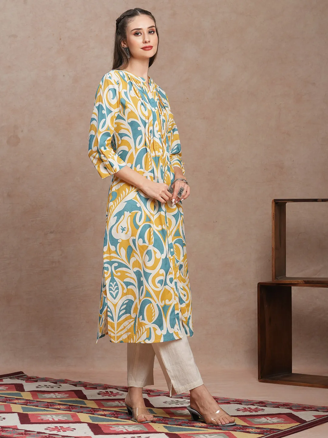 Abstract Floral Printed A-Line Pleated Kurta with Pant - Multi