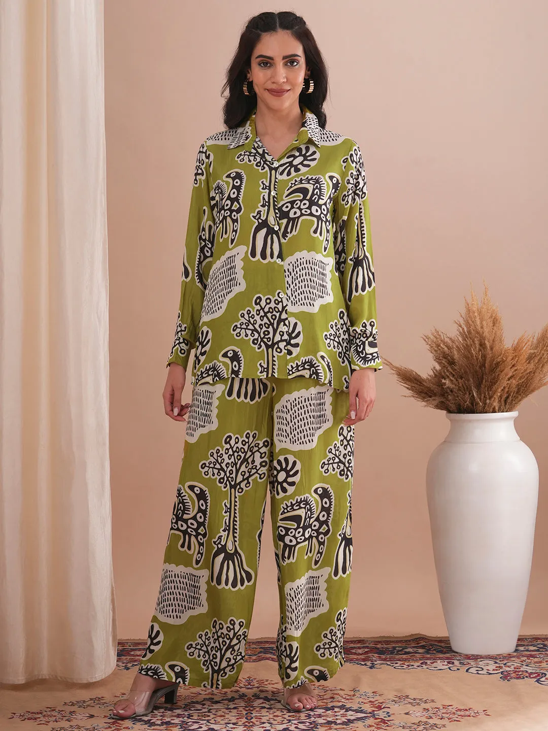 Abstract Floral Printed Straight Fit Co-ord Set - Green