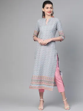 Adults-Women Blue & Pink Cotton Straight Floral Printed Kurta