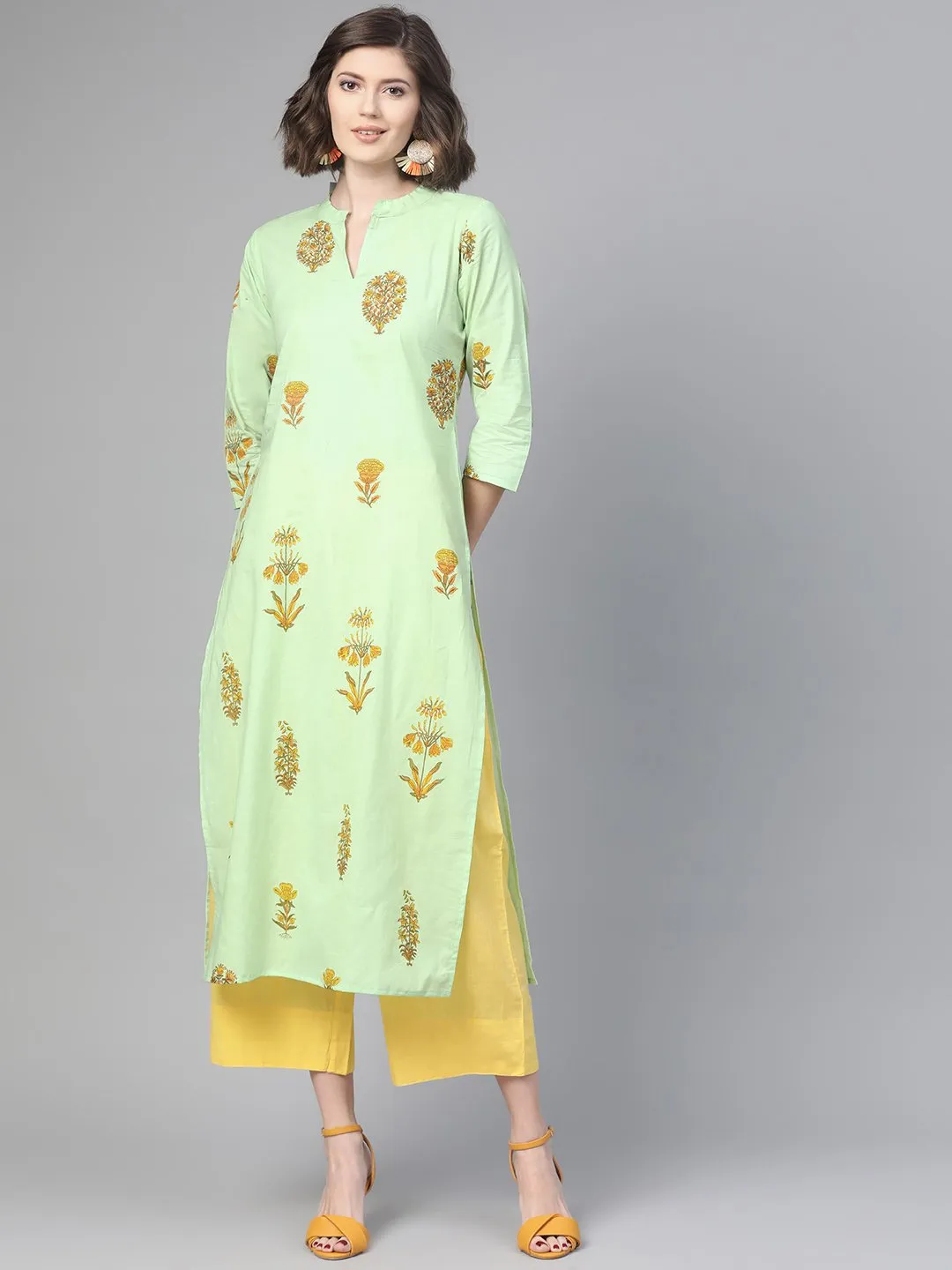 Adults-Women Green & Orange Cotton Straight Floral Printed Kurta