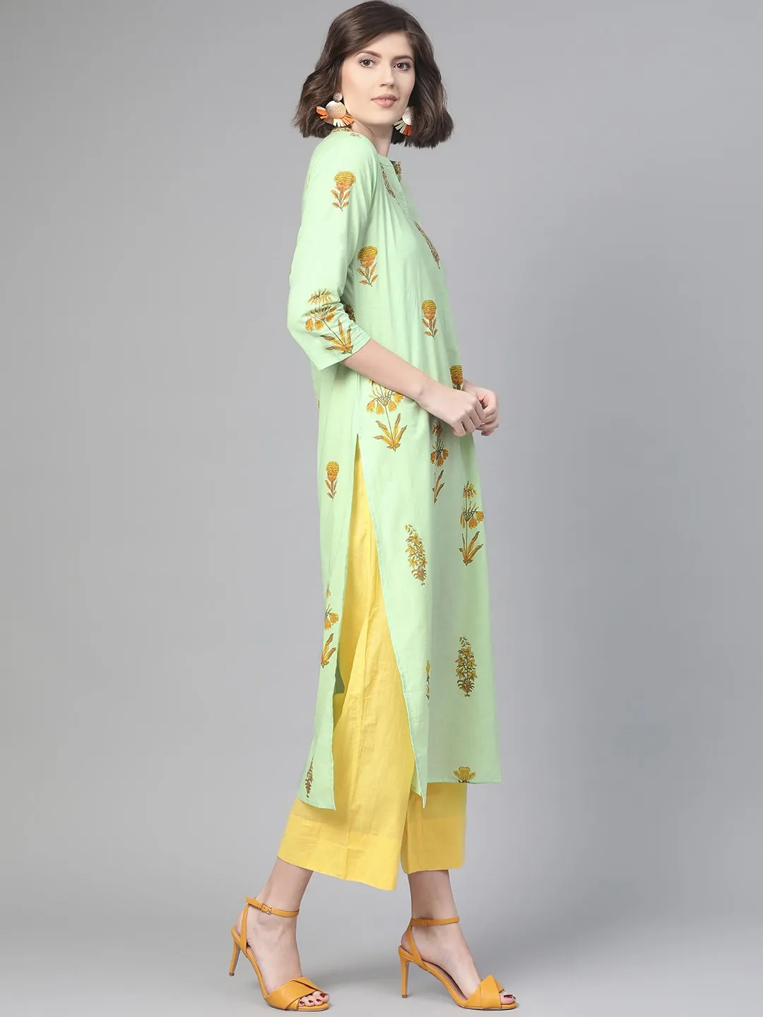 Adults-Women Green & Orange Cotton Straight Floral Printed Kurta