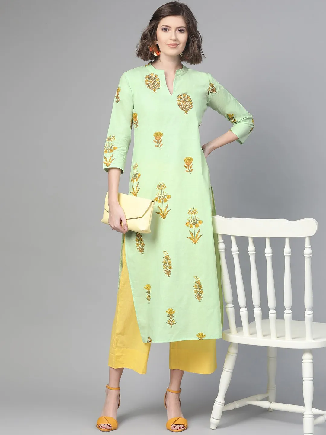 Adults-Women Green & Orange Cotton Straight Floral Printed Kurta