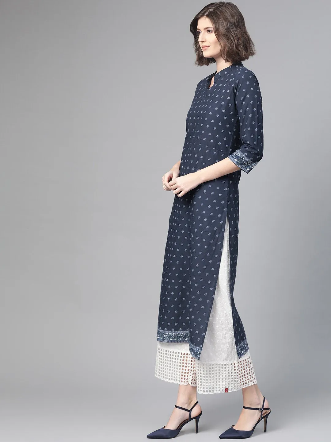 Adults-Women Navy Blue & White Cotton Straight Ethnic Motifs Printed Kurta