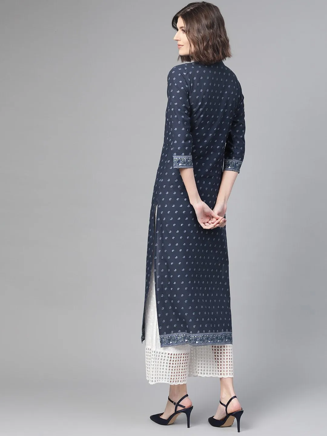 Adults-Women Navy Blue & White Cotton Straight Ethnic Motifs Printed Kurta