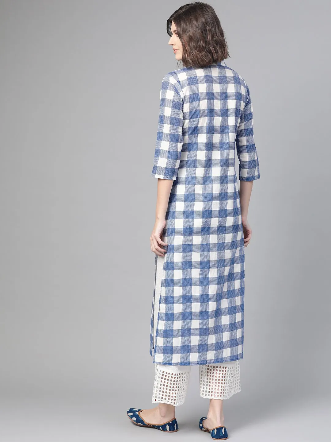 Adults-Women White & Blue Cotton Straight Checked Checked Kurta