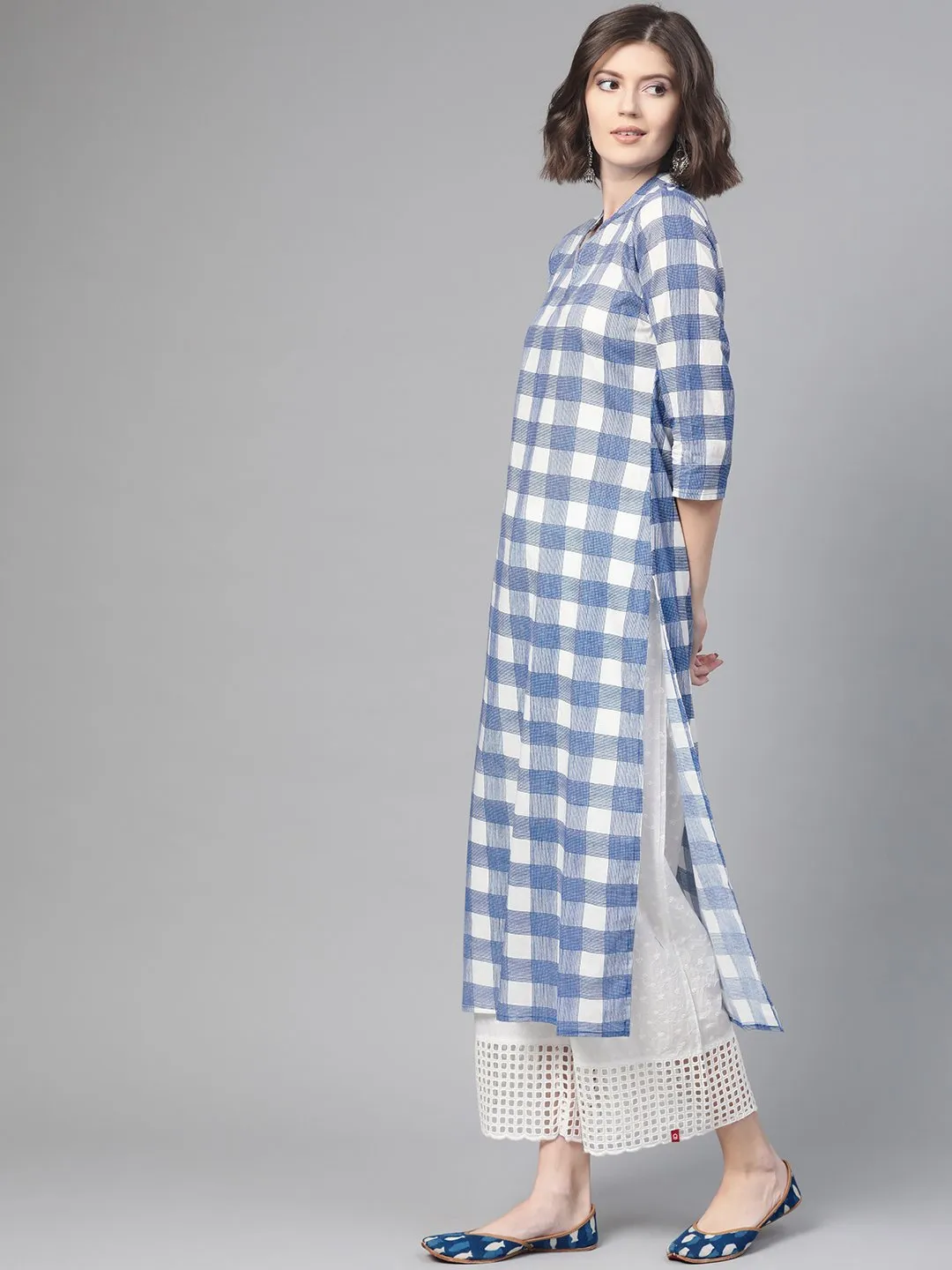 Adults-Women White & Blue Cotton Straight Checked Checked Kurta