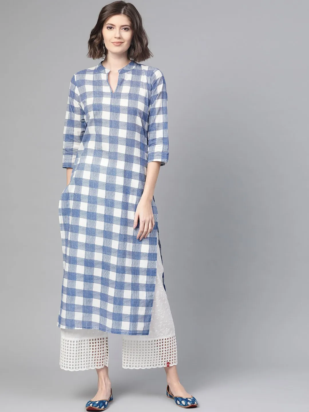 Adults-Women White & Blue Cotton Straight Checked Checked Kurta