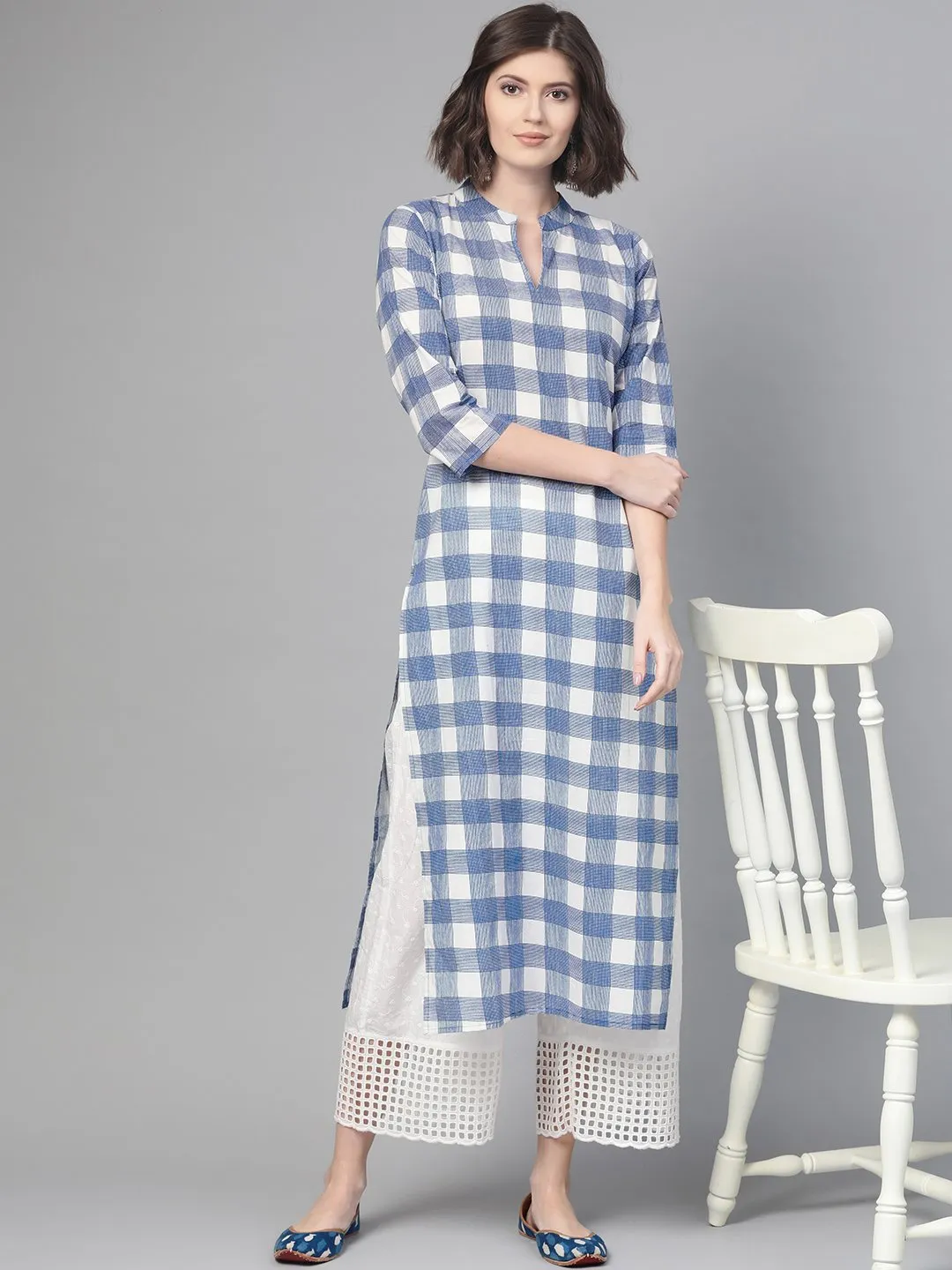 Adults-Women White & Blue Cotton Straight Checked Checked Kurta