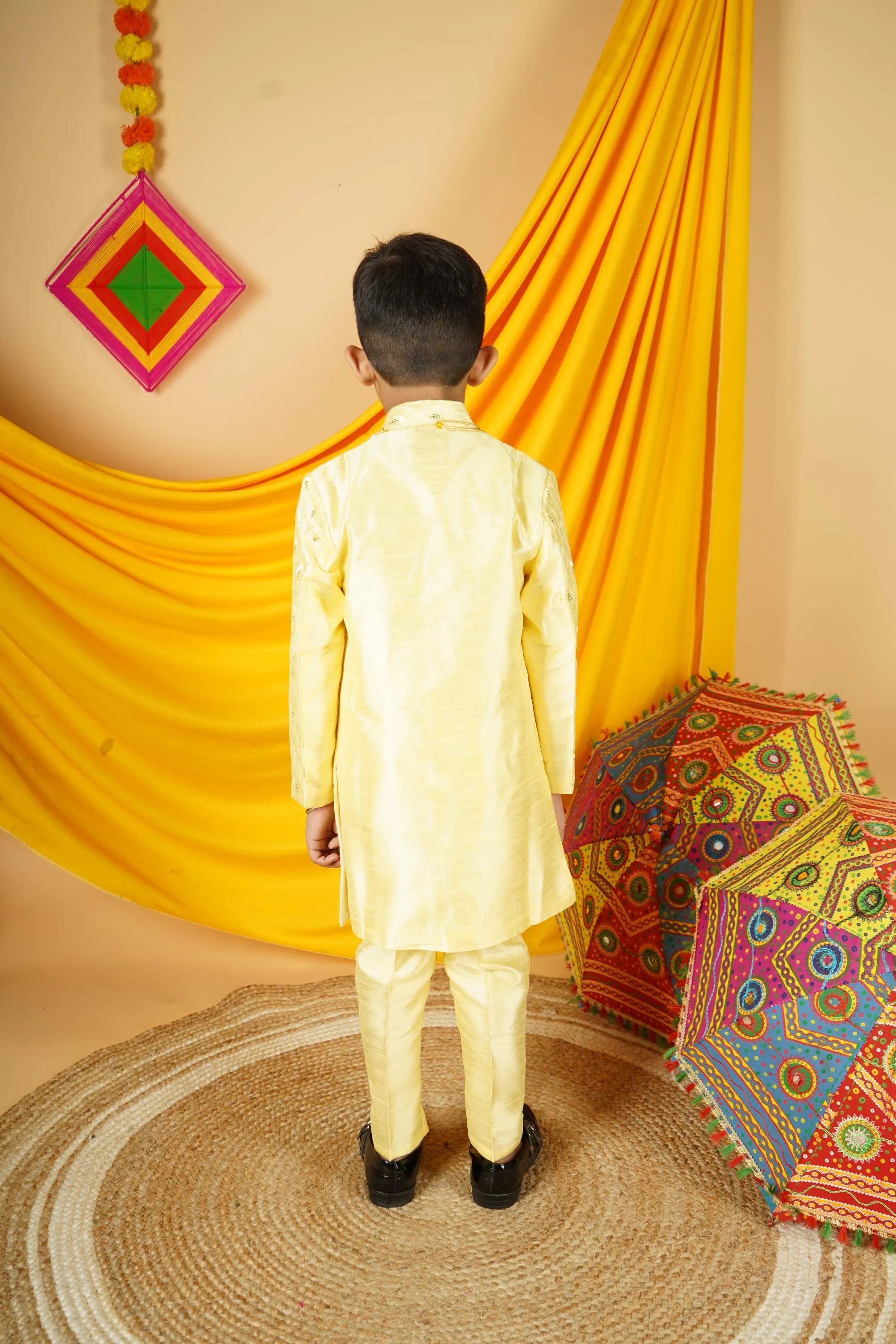 Ahhaaaa Kids Ethnic Silk Blend Indian Wear Sequin Print Indo-Western Sherwani Set For Boys