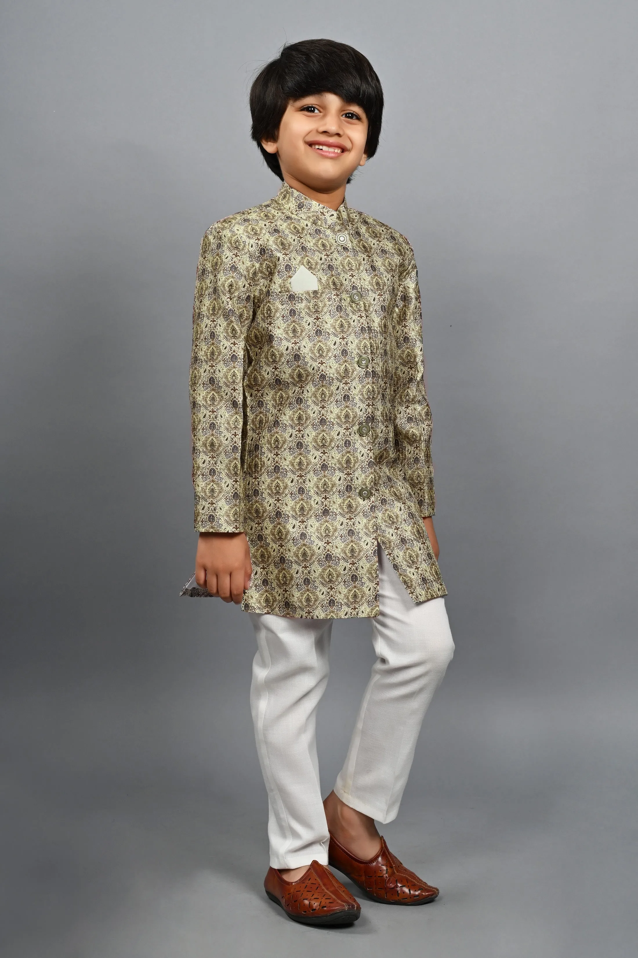 Ahhaaaa Kids Ethnic Silk Blend Indo-Western Sherwani Set For Boys 492