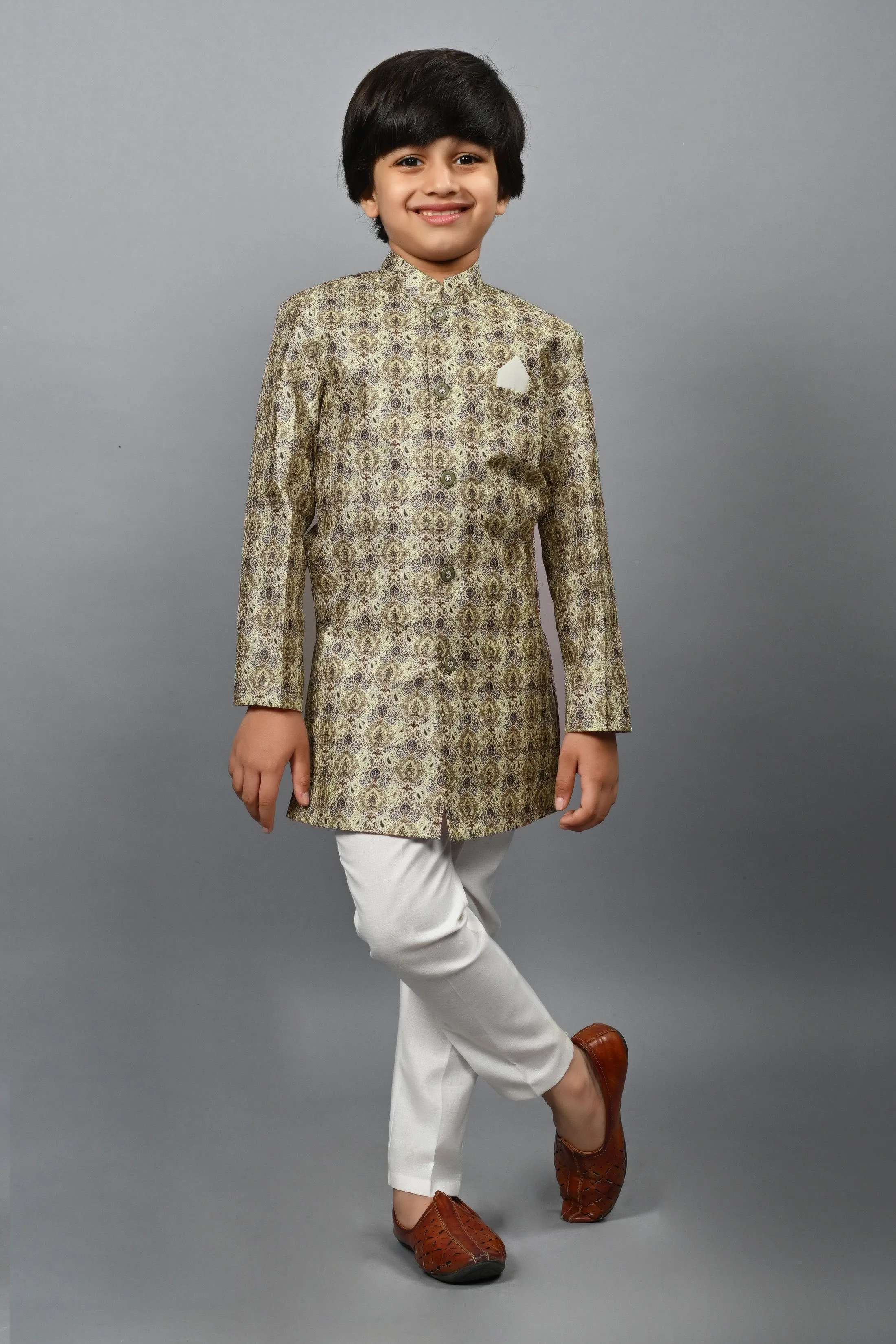 Ahhaaaa Kids Ethnic Silk Blend Indo-Western Sherwani Set For Boys 492