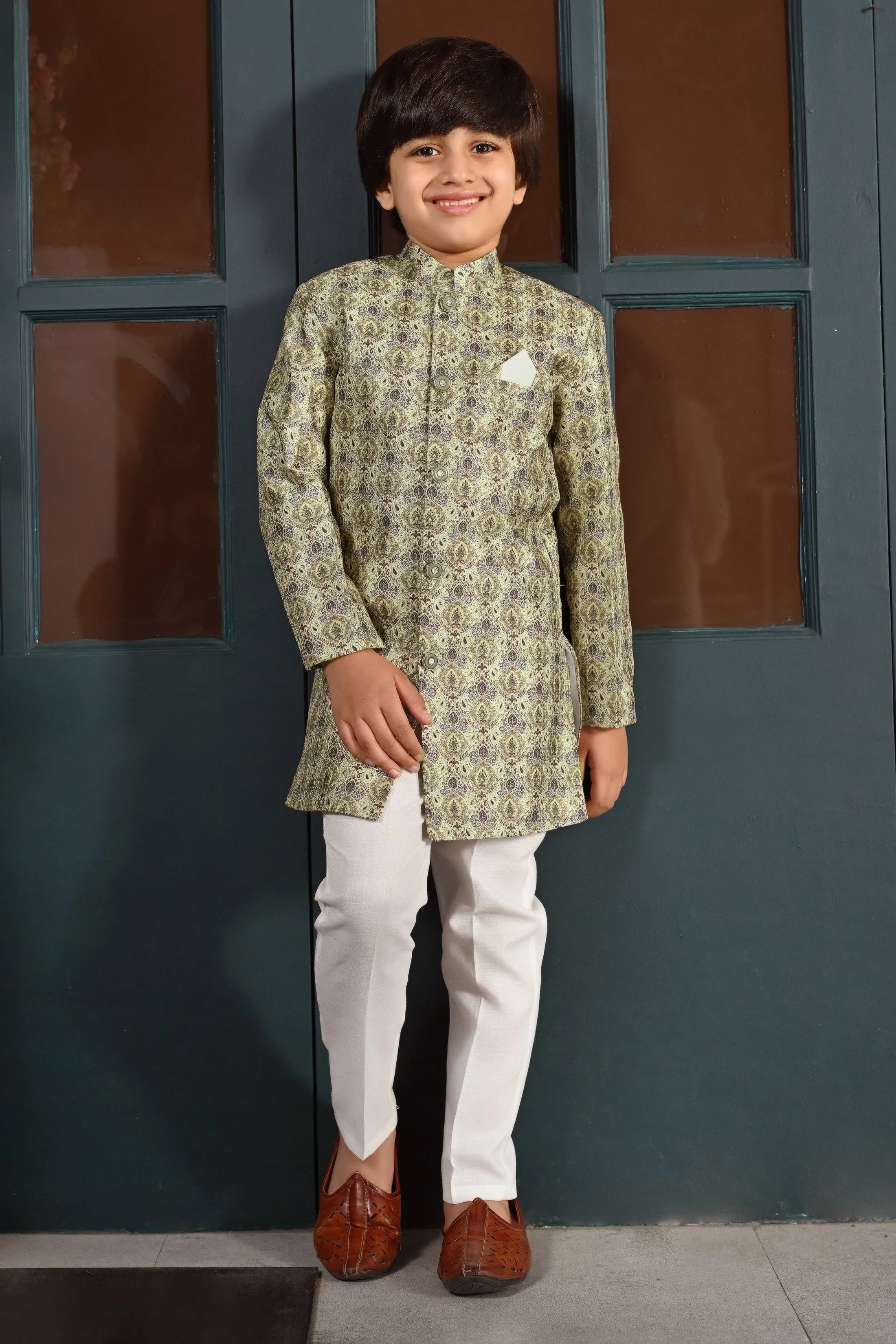 Ahhaaaa Kids Ethnic Silk Blend Indo-Western Sherwani Set For Boys 492