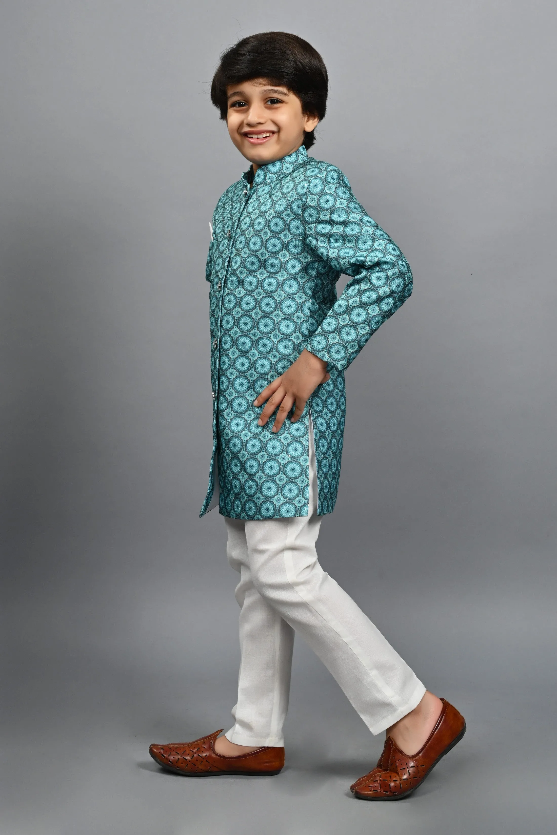 Ahhaaaa Kids Ethnic Silk Blend Indo-Western Sherwani Set For Boys 505