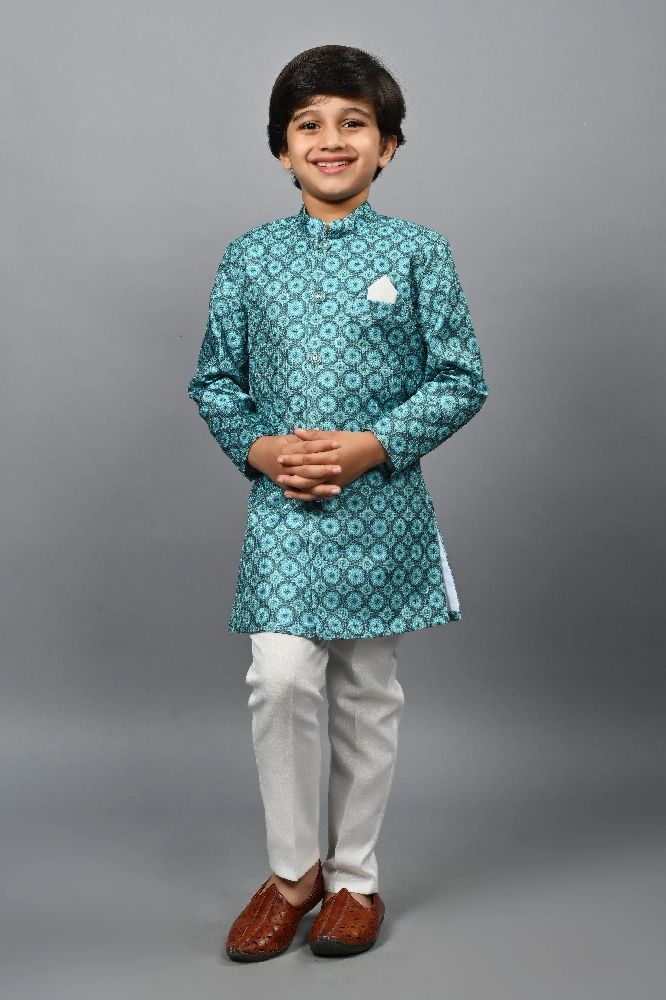 Ahhaaaa Kids Ethnic Silk Blend Indo-Western Sherwani Set For Boys 505