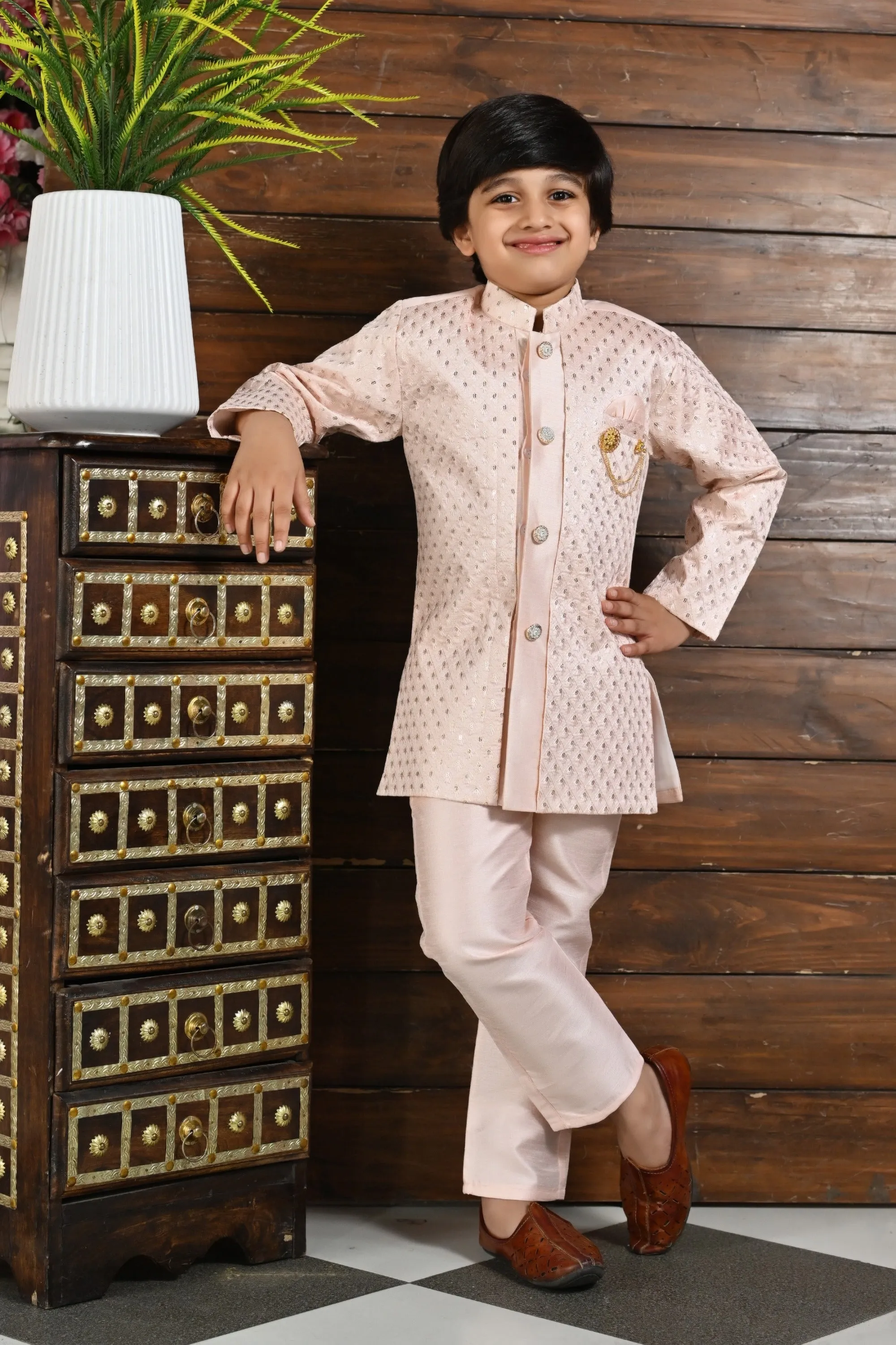 Ahhaaaa Kids Ethnic Silk Blend Indo-Western Sherwani Set For Boys