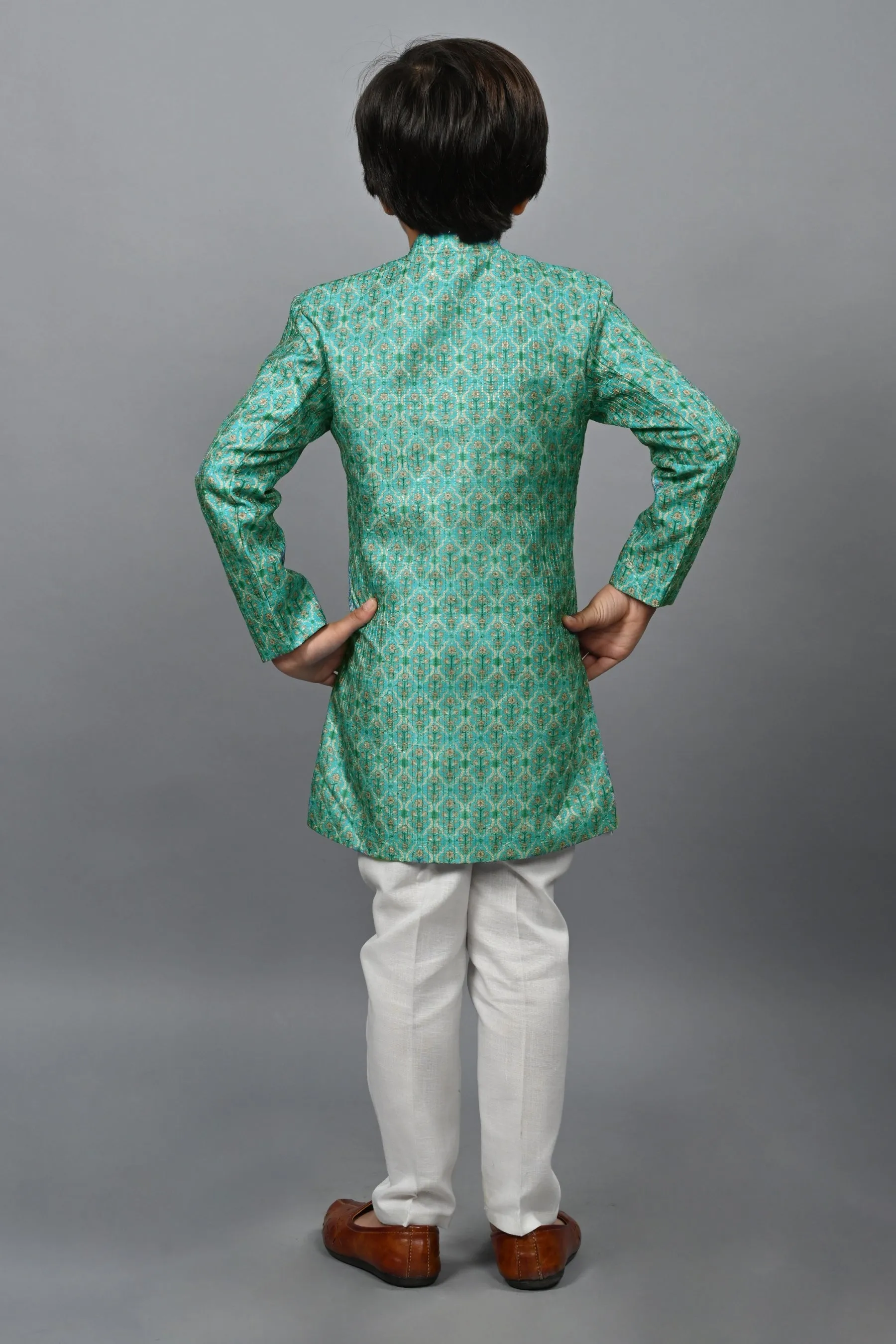 Ahhaaaa Kids Ethnic Silk Blend Indo-Western Sherwani Set For Boys