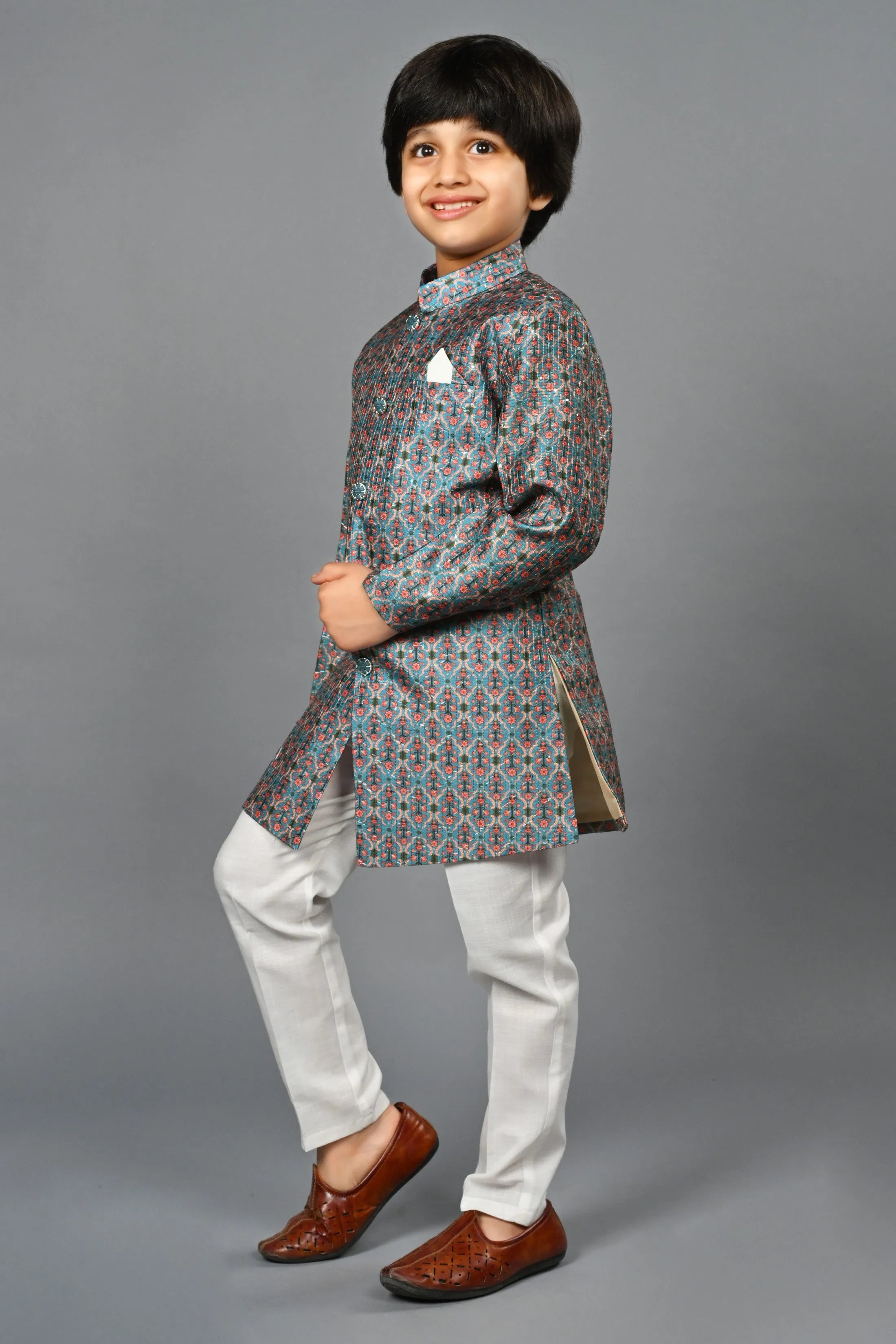 Ahhaaaa Kids Ethnic Silk Blend Indo-Western Sherwani Set For Boys