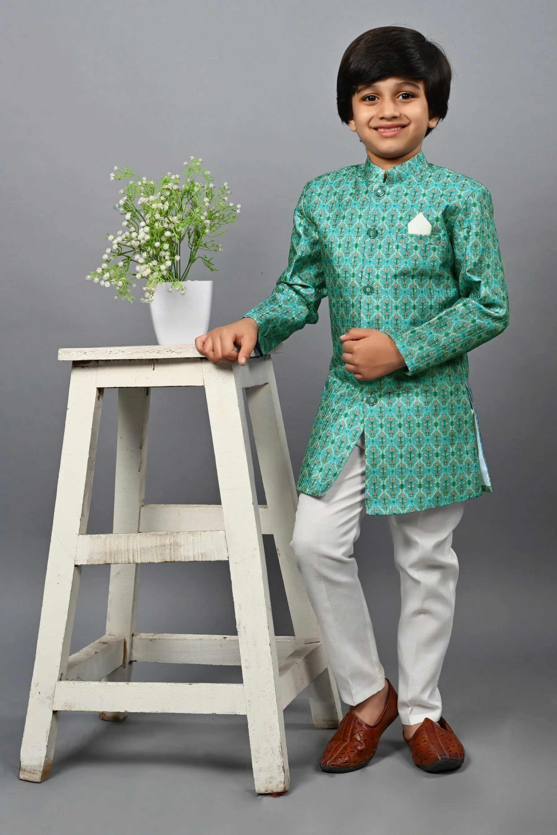 Ahhaaaa Kids Ethnic Silk Blend Indo-Western Sherwani Set For Boys