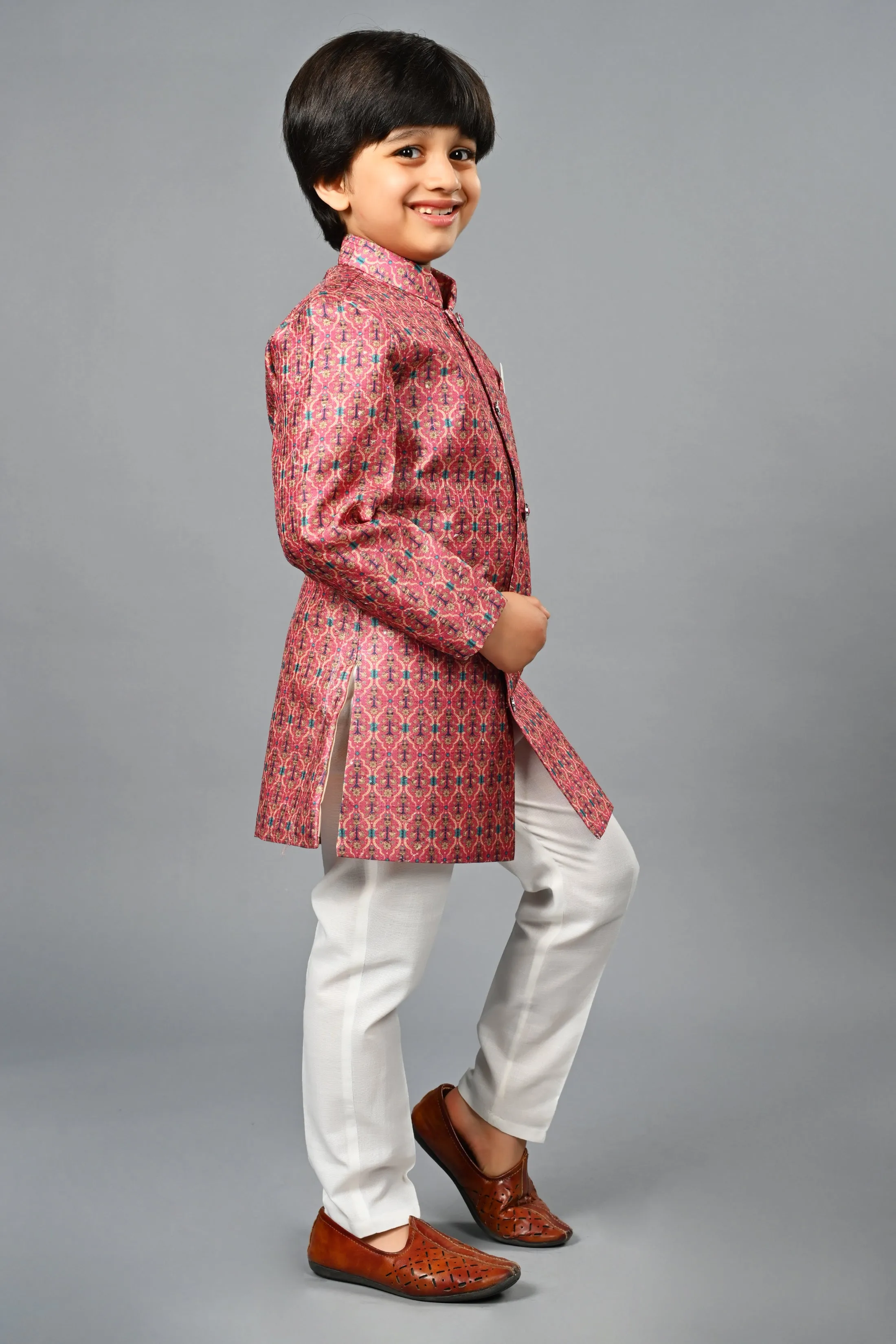 Ahhaaaa Kids Ethnic Silk Blend Indo-Western Sherwani Set For Boys